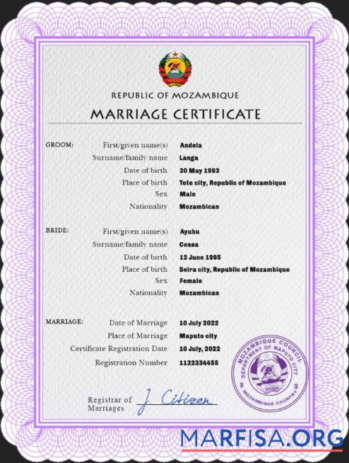 Blank Mozambique marriage certificate PSD template